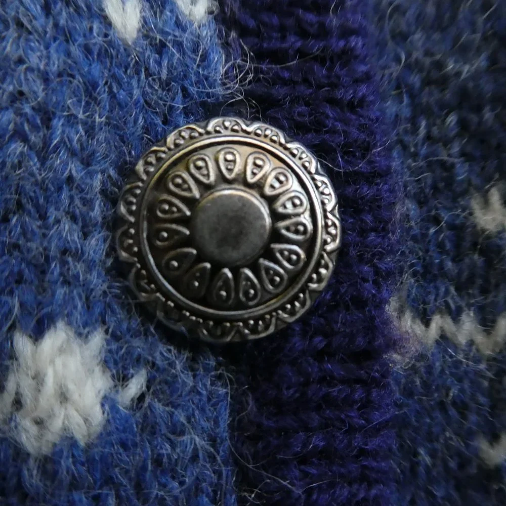 Icelandic Design Blue 100 Wool Cardigan Sweater Atlandia 2000 Y2K Snowflakes L
